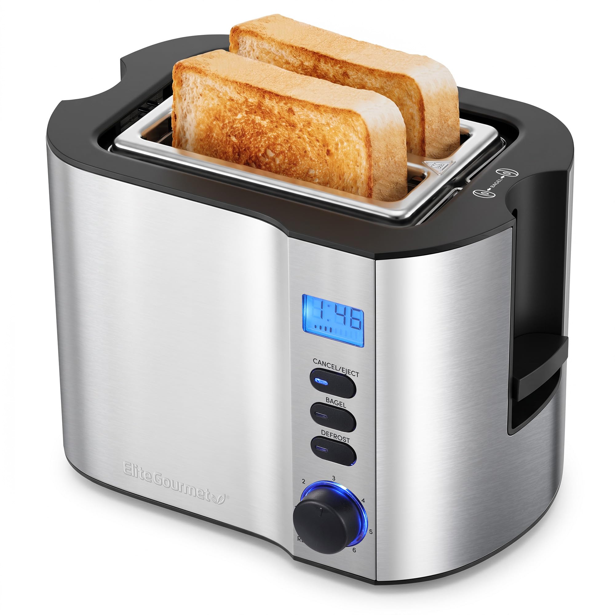 Elite Gourmet ECT1027B - Tostadora Cool Touch con 6 ajustes de temperatura y ranuras extra anchas de 1.25 pulgadas para bagels, gofres, panes especiales, hojaldre, aperitivos, certificado ETL, 2 | 6 niveles de dorado, se adapta a bagels y pan grueso, func