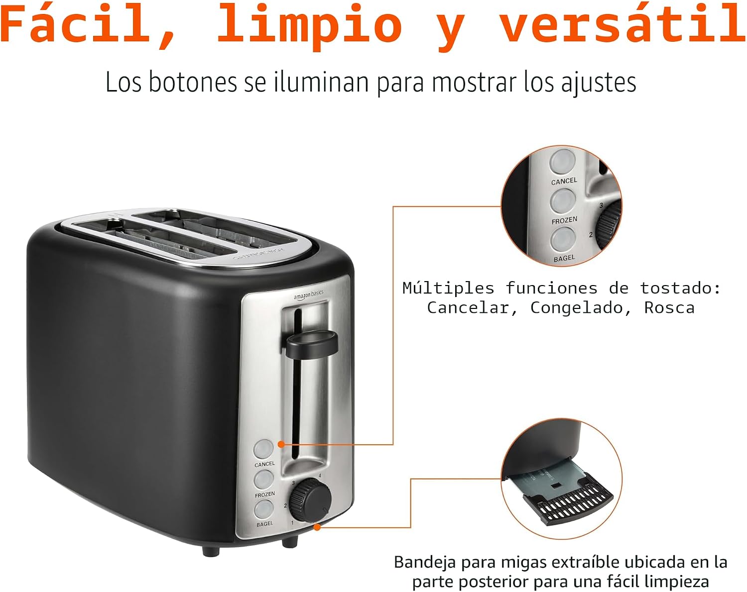 Amazon Basics Tostadora de 2 rebanadas, con 6 ajustes de tostado, ranuras extra anchas para bagels y panes especiales, bandeja de migas extraíble fácil de limpiar, botones de cancelar/descongelar