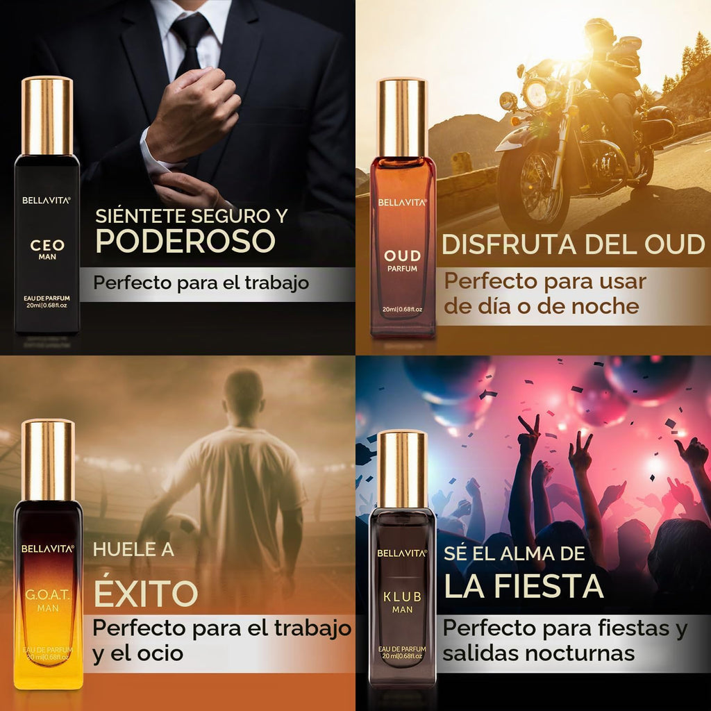 Bella Vita Luxury Set de Regalo de Perfume de Larga Duración para Hombre | 4x20ml | Regalos para Hombres | Fragancia Premium de Madera, Cítrico, Oud | KLUB, OUD, CEO, G.O.A.T | Set de regalo de perfume para hombre de larga duración con CEO Man, G.O.A.T.,