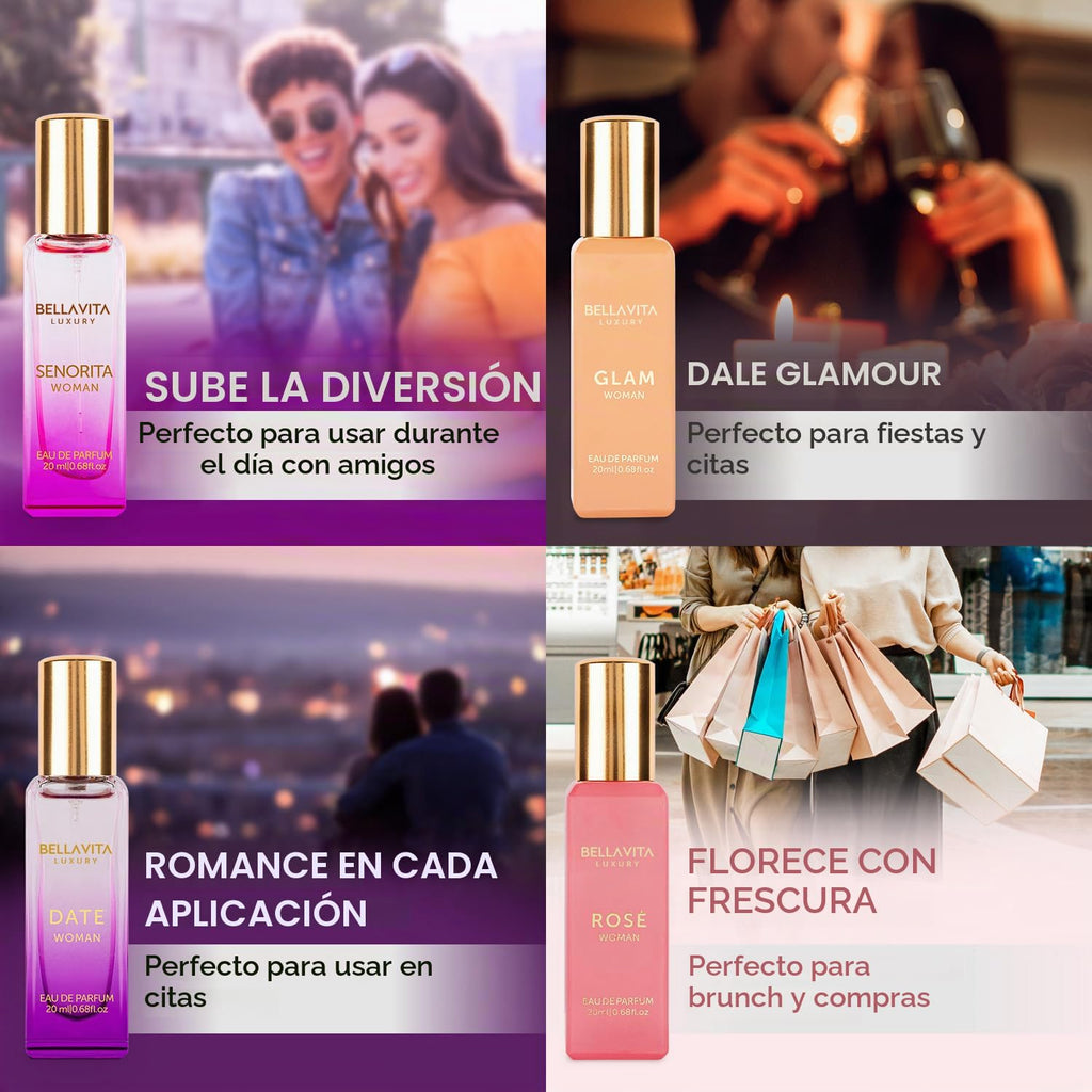 Bellavita - Set de regalo de perfume de lujo para mujer con rosa, Senorita, fecha, glamour | Set de regalo de perfume para mujer de larga duración con Eau de Parfum Rose, Senorita, Date & Glam para cada ocasión.