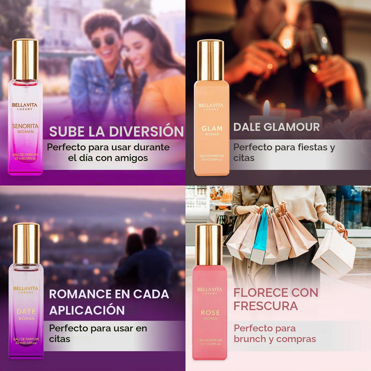 Bellavita - Set de regalo de perfume de lujo para mujer con rosa, Senorita, fecha, glamour | Set de regalo de perfume para mujer de larga duración con Eau de Parfum Rose, Senorita, Date & Glam para cada ocasión.