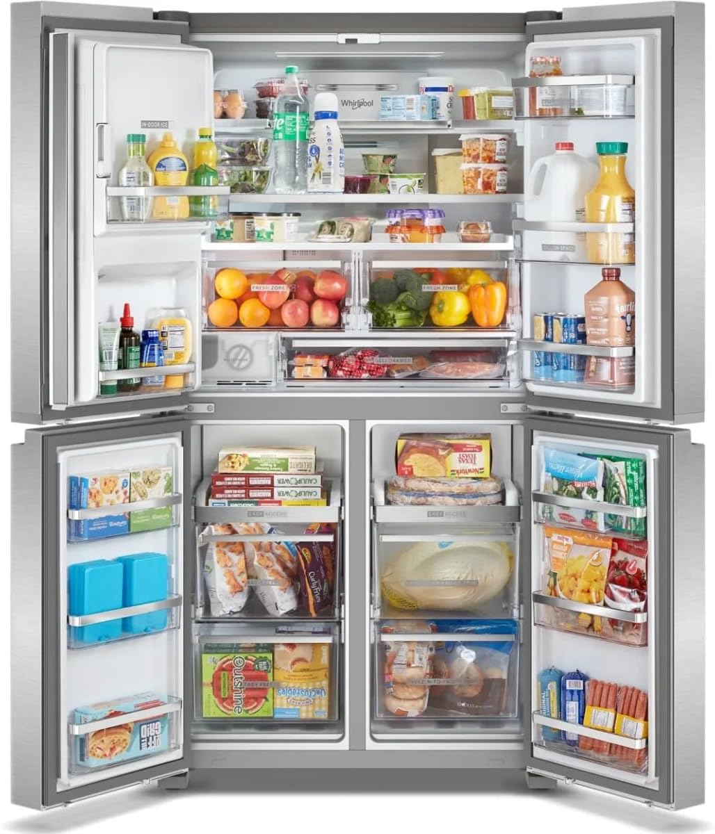 Whirlpool Refrigerador de puerta francesa de 4 puertas de profundidad de 36 pulgadas con capacidad de 19.1 pies cúbicos, estantes ajustables, cubos de puerta de galón, cajón de delicatessen