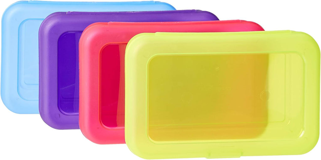 Amazon Basics Paquete de 4 Estuches Grandes para Lápices – Caja de lápices de plástico duradero para útiles escolares – Estuches de organización estudiantil multicolor para suministros de oficina