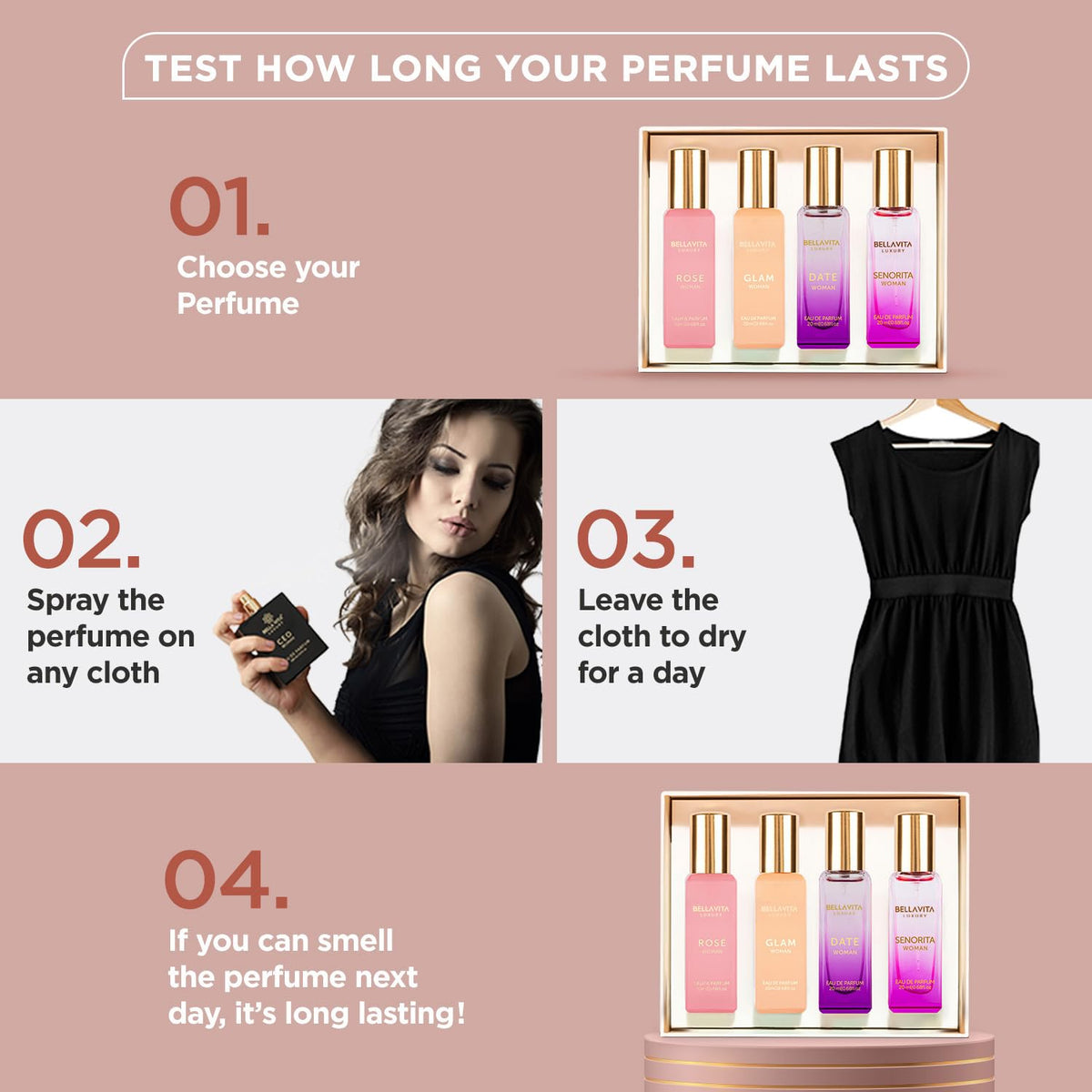 Bellavita - Set de regalo de perfume de lujo para mujer con rosa, Senorita, fecha, glamour | Set de regalo de perfume para mujer de larga duración con Eau de Parfum Rose, Senorita, Date & Glam para cada ocasión.