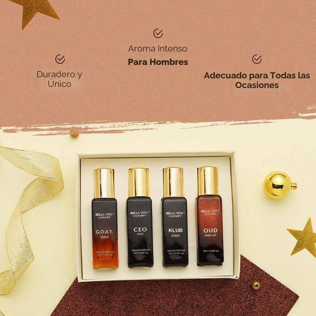 Bella Vita Luxury Set de Regalo de Perfume de Larga Duración para Hombre | 4x20ml | Regalos para Hombres | Fragancia Premium de Madera, Cítrico, Oud | KLUB, OUD, CEO, G.O.A.T | Set de regalo de perfume para hombre de larga duración con CEO Man, G.O.A.T.,