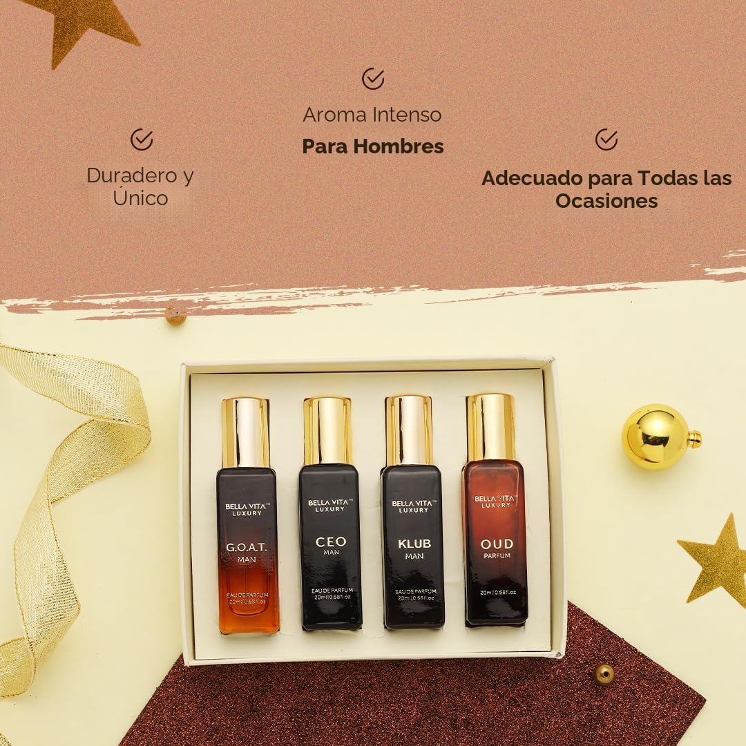 Bella Vita Luxury Set de Regalo de Perfume de Larga Duración para Hombre | 4x20ml | Regalos para Hombres | Fragancia Premium de Madera, Cítrico, Oud | KLUB, OUD, CEO, G.O.A.T | Set de regalo de perfume para hombre de larga duración con CEO Man, G.O.A.T.,