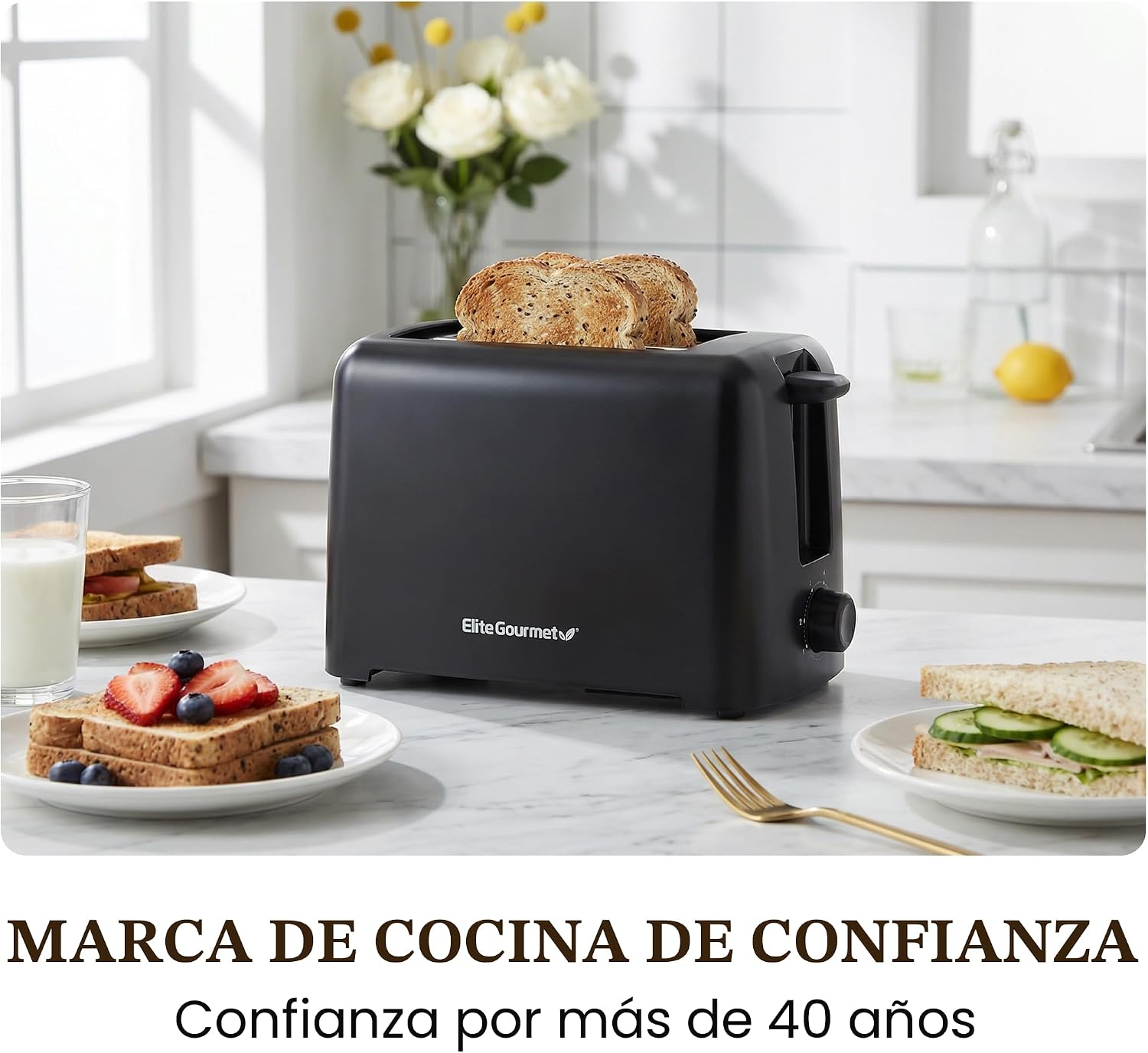 Elite Gourmet ECT1027B - Tostadora Cool Touch con 6 ajustes de temperatura y ranuras extra anchas de 1.25 pulgadas para bagels, gofres, panes especiales, hojaldre, aperitivos, certificado ETL, 2 | 6 niveles de dorado, se adapta a bagels y pan grueso, func