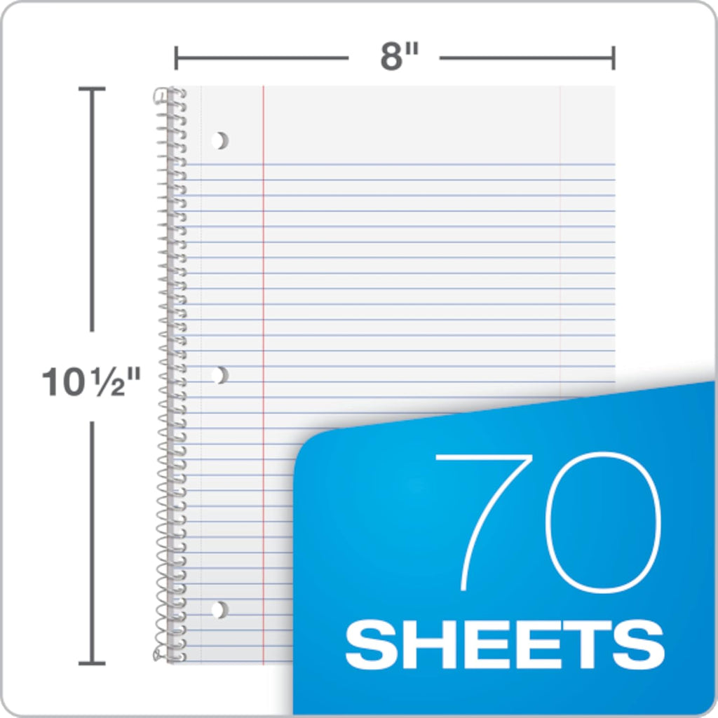 TOPS Cuaderno con espiral, College Rule, 10.5 x 8 pulgadas, 70 hojas por cuaderno, paquete de 6 (65007)