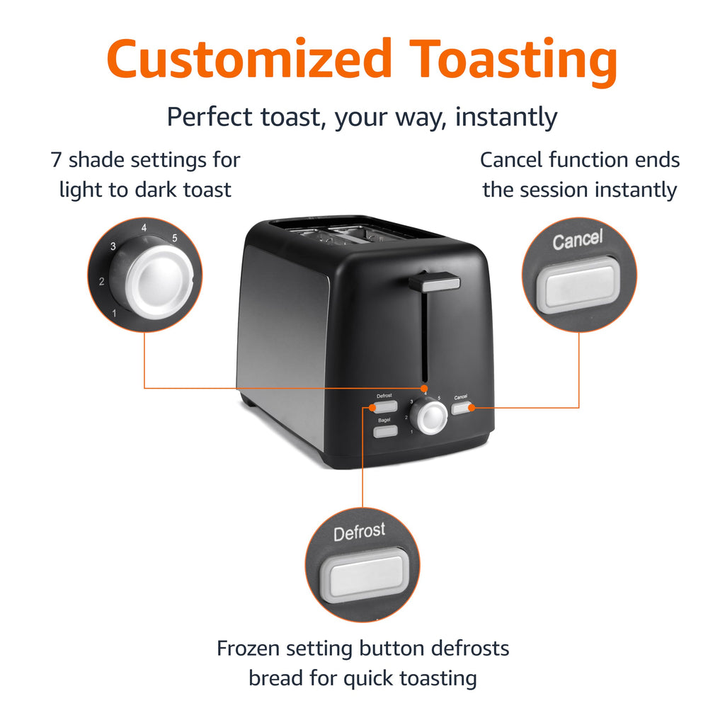 Amazon Basics Tostadora de 2 rebanadas, con 6 ajustes de tostado, ranuras extra anchas para bagels y panes especiales, bandeja de migas extraíble fácil de limpiar, botones de cancelar/descongelar