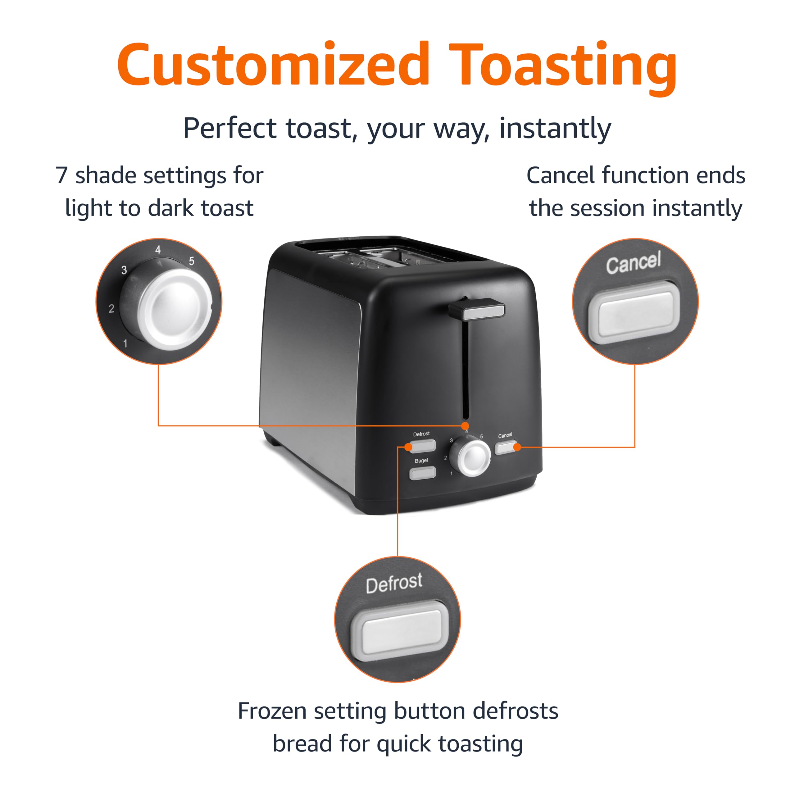 Amazon Basics Tostadora de 2 rebanadas, con 6 ajustes de tostado, ranuras extra anchas para bagels y panes especiales, bandeja de migas extraíble fácil de limpiar, botones de cancelar/descongelar