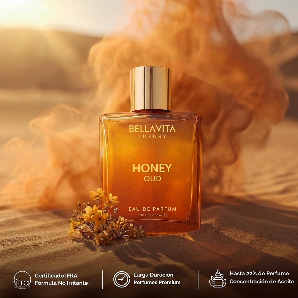 BellaVita Luxury Honey Oud Eau de Parfum (3.4 onzas líquidas) | Pachulí, vainilla, bergamota, floral y picante + fabricado con aceites esenciales limpios y veganos + libre de crueldad animal | | Perfume unisex con perfume Honey Oud de larga duración, perf