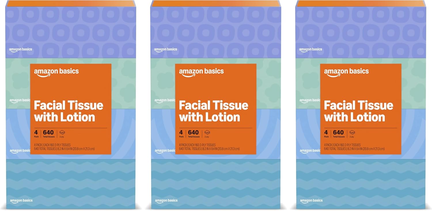 Amazon Basics Pañuelos faciales, 2 capas, 160 pañuelos por caja, 4 cajas (640 en total) (anteriormente Solimo)