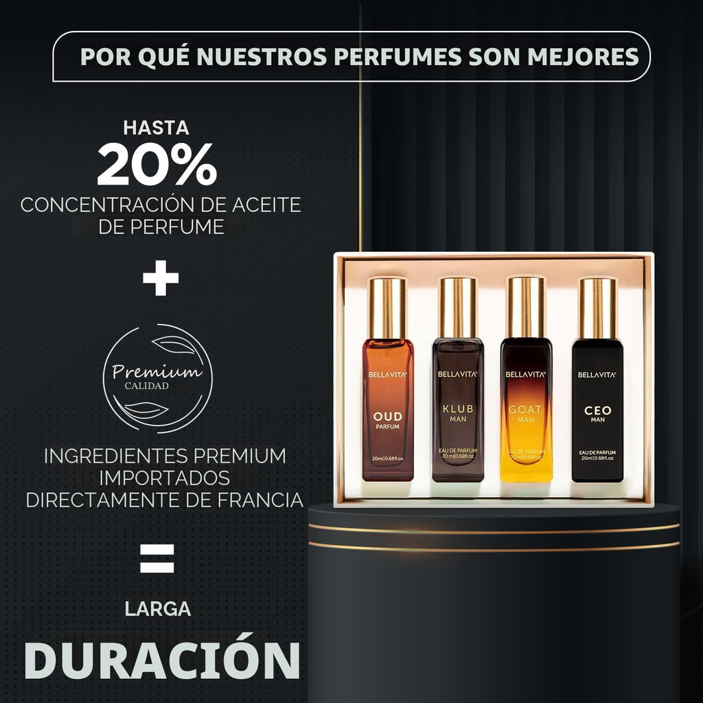 Bella Vita Luxury Set de Regalo de Perfume de Larga Duración para Hombre | 4x20ml | Regalos para Hombres | Fragancia Premium de Madera, Cítrico, Oud | KLUB, OUD, CEO, G.O.A.T | Set de regalo de perfume para hombre de larga duración con CEO Man, G.O.A.T.,