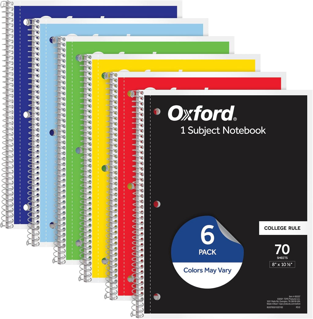 TOPS Cuaderno con espiral, College Rule, 10.5 x 8 pulgadas, 70 hojas por cuaderno, paquete de 6 (65007)