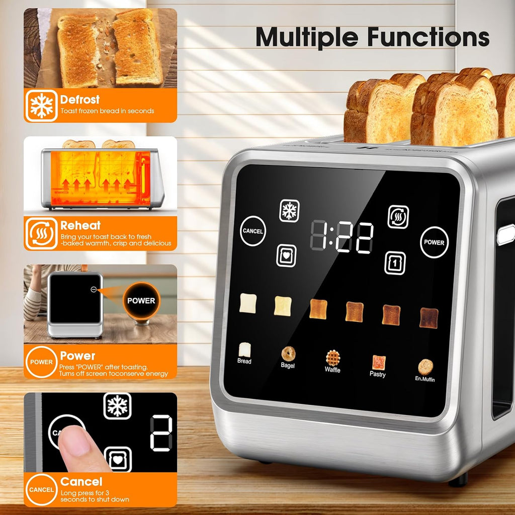 Long Slot Toaster 4 Slice with Touchscreen, 2-Slot Extra Wide 1.5 Inch | Stainless Steel, 1400W, 2-Slot Smart Appliance, Single Mode, BreadID Tech, Digital Timer, For Bagel Waffle