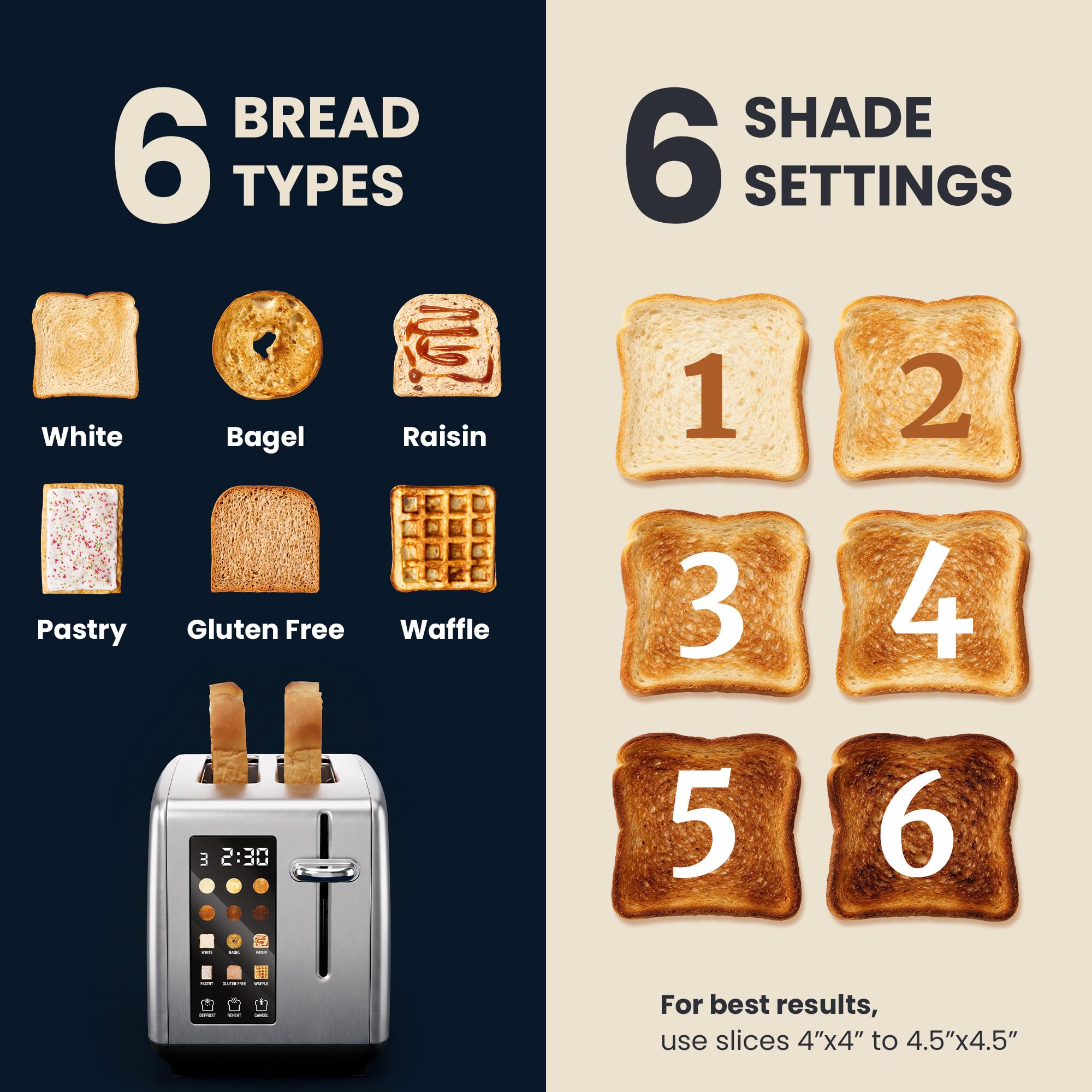 Elite Gourmet | Extra-Wide Slots Fit Bagels, Sourdough & Texas Toast, 6 Browning Settings, Reheat, Defrost & Cancel, Built-In Warming Rack