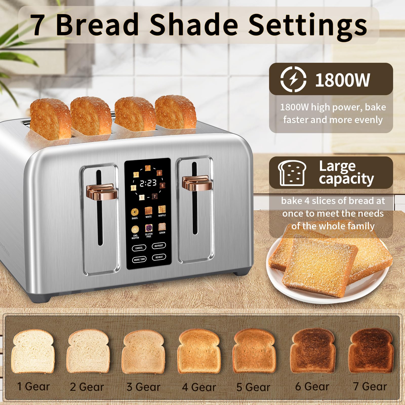 SEEDEEM Tostadora de 4 Rebanadas, Tostadora de Acero Inoxidable y Control Táctil, Pantalla LCD, 6 Tipos de Pan, 7 Configuraciones de Tostado, Ranuras de 1.5'' de Ancho, Cancelar/Descongelar/Recalentar | Toaster 4 Slice, 6 Bread Type, 7 Shade Settings, 1.5