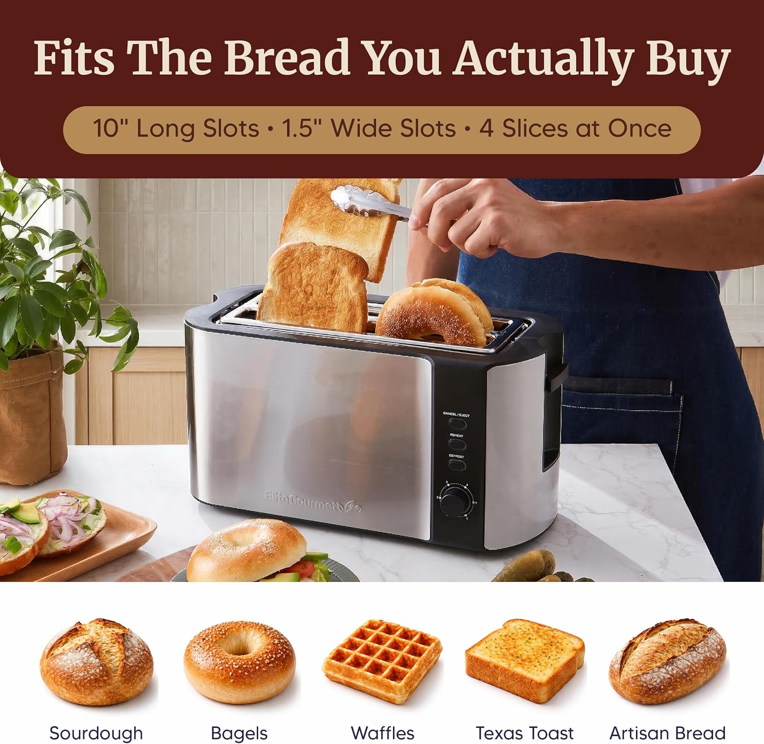 Elite Gourmet | Extra-Wide Slots Fit Bagels, Sourdough & Texas Toast, 6 Browning Settings, Reheat, Defrost & Cancel, Built-In Warming Rack