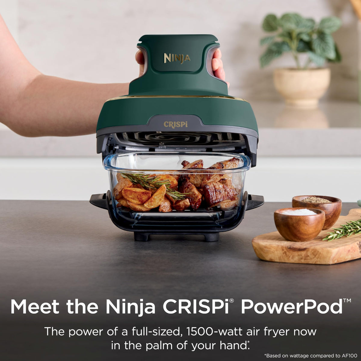 Ninja Crispi Glass Air Fryer, 4-in-1, Stone, FN101ST | Max crisp, bake, air fry, recrisp, 450F max, 4 Qt and 6 Cup containers, PFAS-free glass