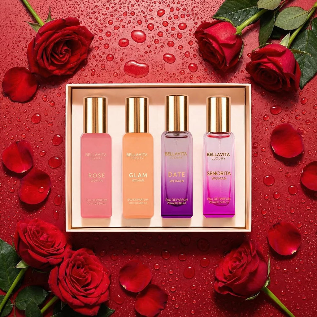 Bellavita - Set de regalo de perfume de lujo para mujer con rosa, Senorita, fecha, glamour | Set de regalo de perfume para mujer de larga duración con Eau de Parfum Rose, Senorita, Date & Glam para cada ocasión.