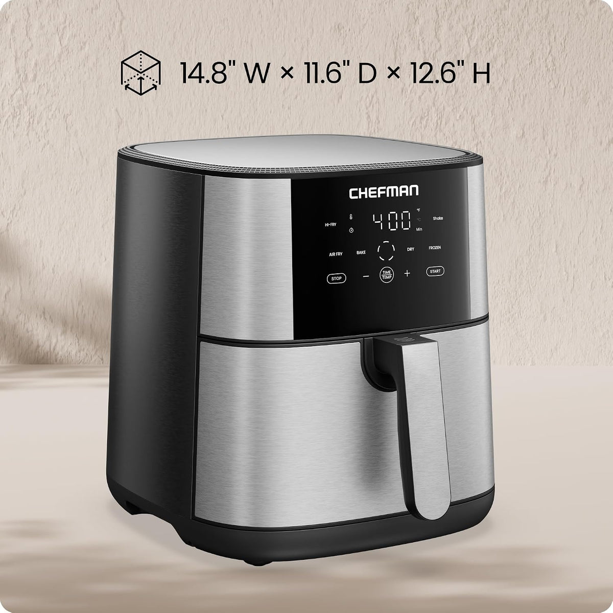 Chefman Air Fryer 8 Qt | TurboFry® 4-in-1 with 450°F Hi-Fry Option for Crispier Results | Bake, Dehydrate, Frozen | XL Nonstick Dishwasher-Safe Basket | Stainless Steel