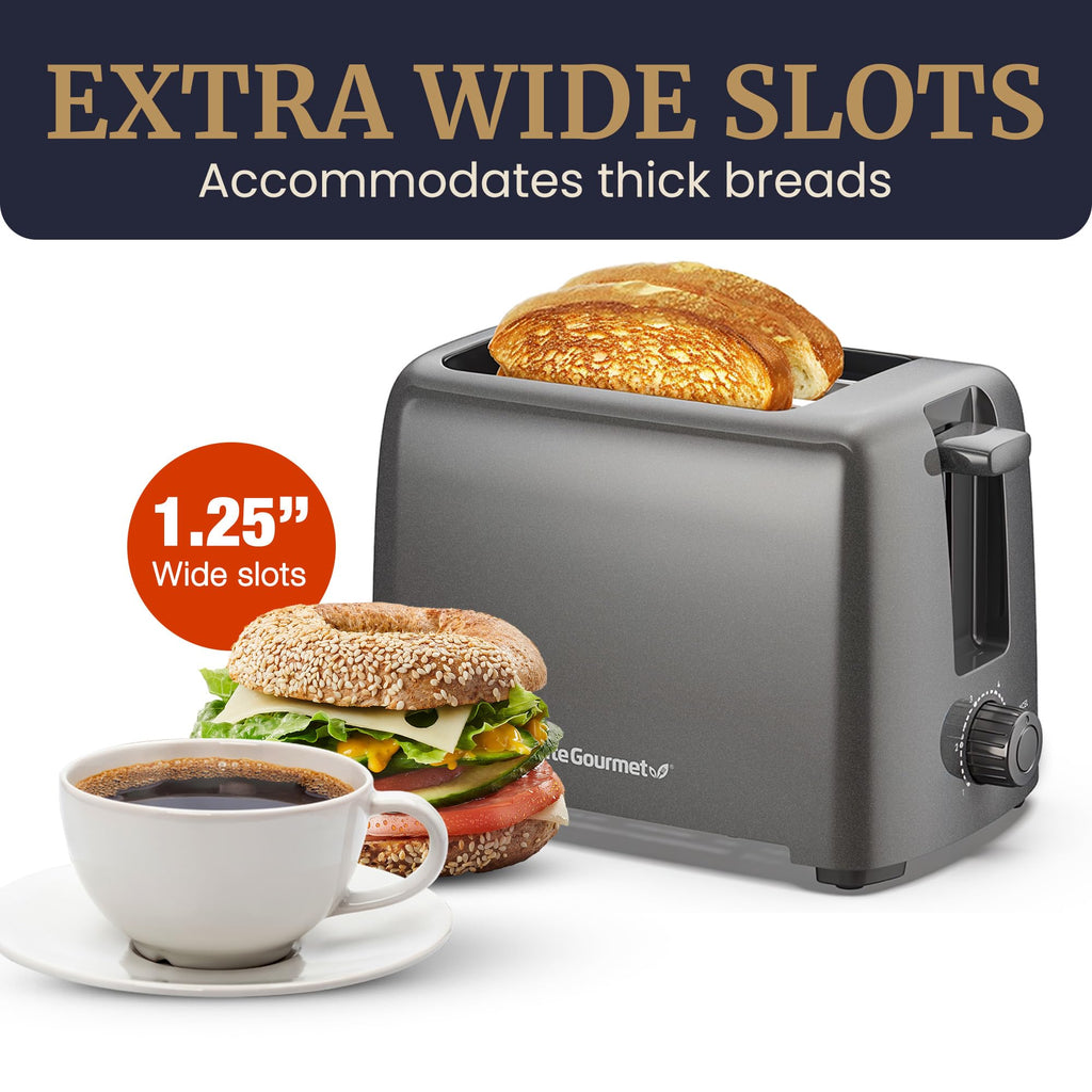 Elite Gourmet ECT1027B - Tostadora Cool Touch con 6 ajustes de temperatura y ranuras extra anchas de 1.25 pulgadas para bagels, gofres, panes especiales, hojaldre, aperitivos, certificado ETL, 2 | 6 niveles de dorado, se adapta a bagels y pan grueso, func