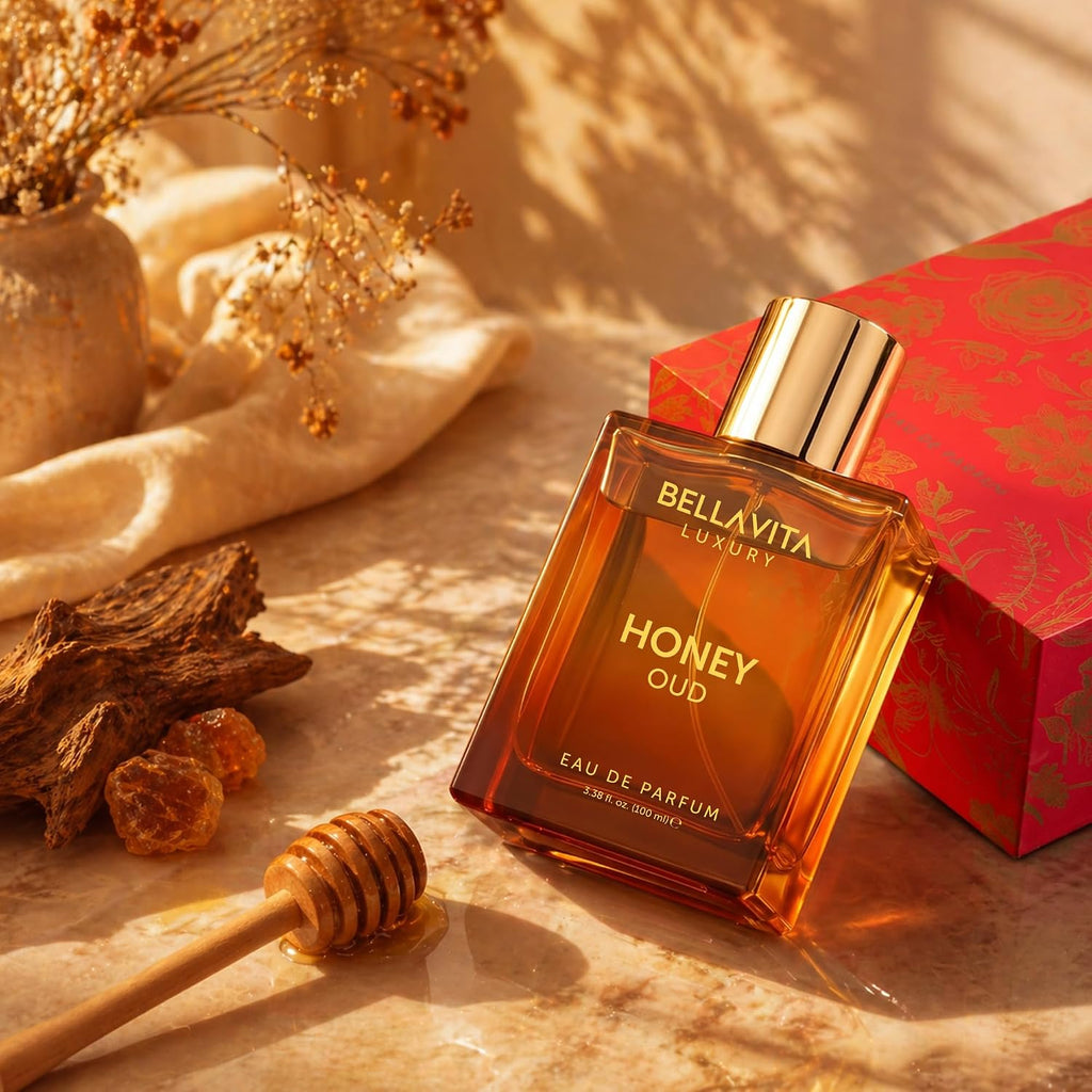 BellaVita Luxury Honey Oud Eau de Parfum (3.4 onzas líquidas) | Pachulí, vainilla, bergamota, floral y picante + fabricado con aceites esenciales limpios y veganos + libre de crueldad animal | | Perfume unisex con perfume Honey Oud de larga duración, perf
