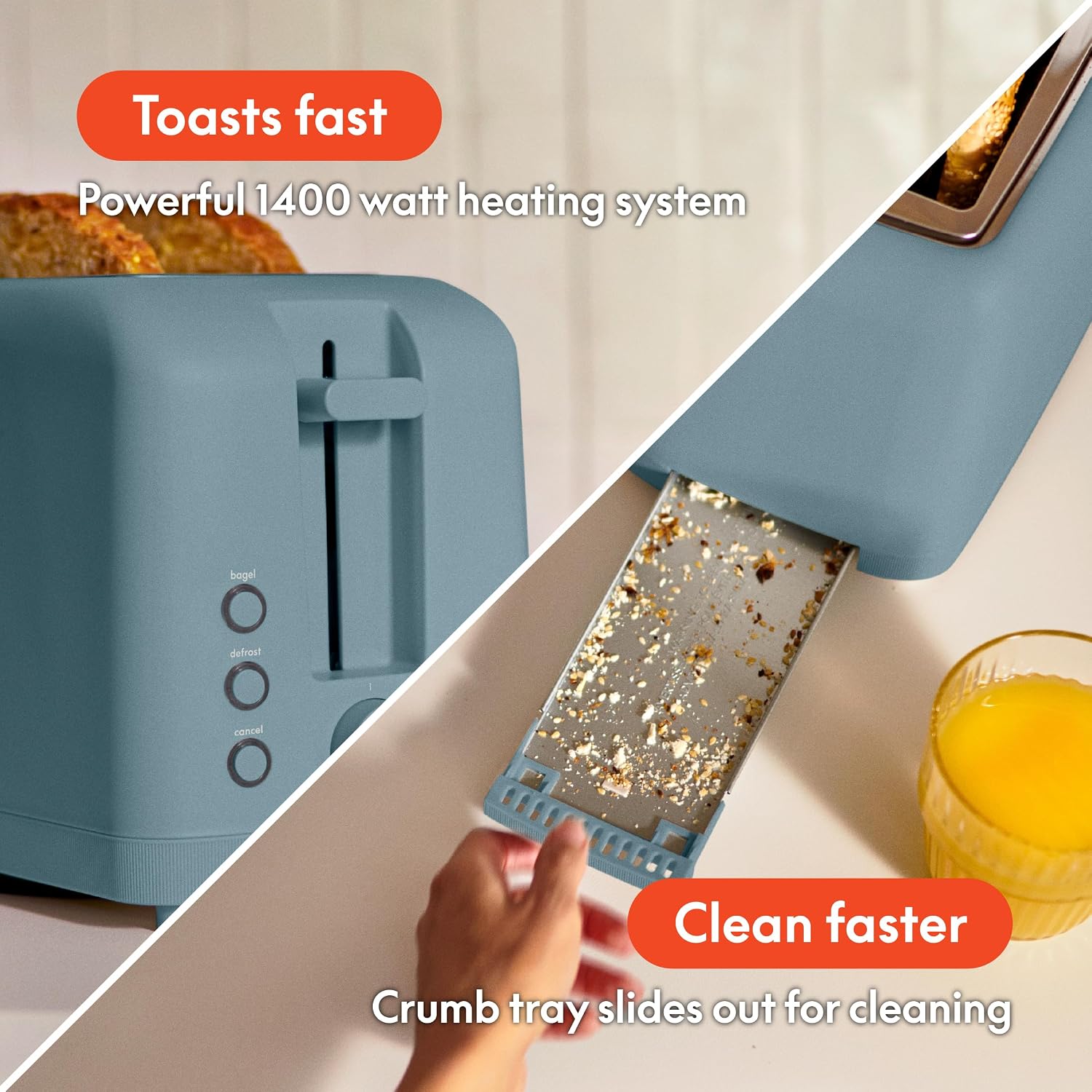 bella Tostadora delgada de 2 rebanadas, utensilios de cocina Fits-anywhere™, control de tostado de 6 ajustes con botones de recalentamiento y cancelación, se adapta a pan de masa madre, ranura de 10