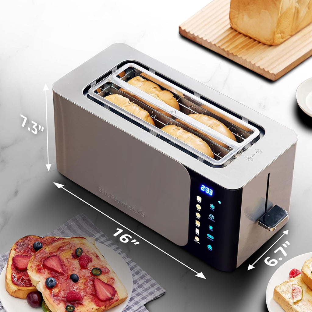 Elite Gourmet | Extra-Wide Slots Fit Bagels, Sourdough & Texas Toast, 6 Browning Settings, Reheat, Defrost & Cancel, Built-In Warming Rack