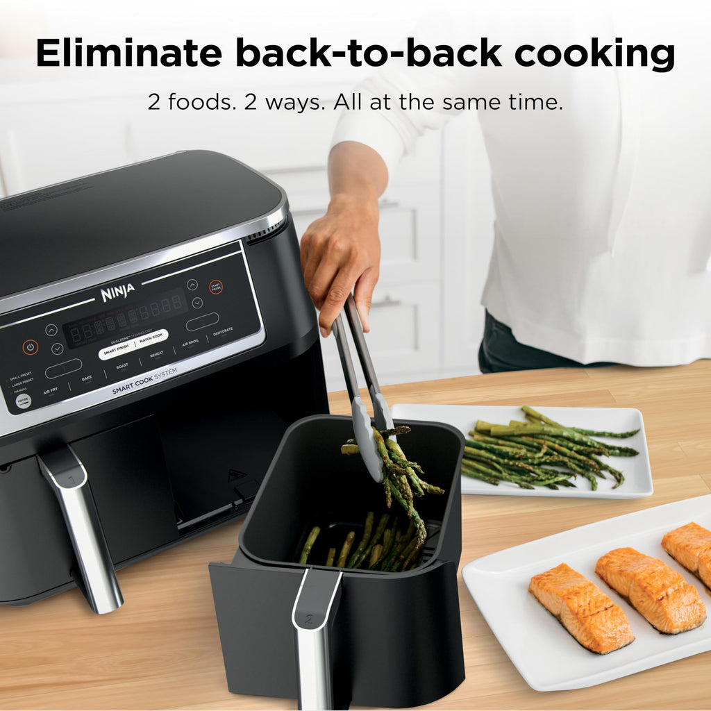 Ninja DZ201 Foodi 8 Quart 6-in-1 DualZone 2-Basket Air Fryer with 2 Independent Frying Baskets, Match Cook & Smart Finish to Roast, Broil, Dehydrate & More for Quick, Easy Meals, Grey | Air fry, roast, broil, bake, reheat, dehydrate, 2 independent baskets