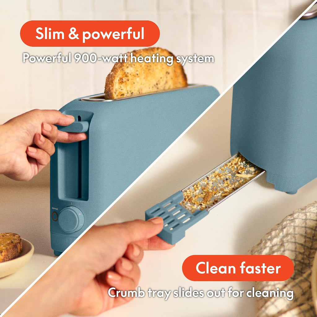 bella Tostadora delgada de 2 rebanadas, utensilios de cocina Fits-anywhere™, control de tostado de 6 ajustes con botones de recalentamiento y cancelación, se adapta a pan de masa madre, ranura de 10