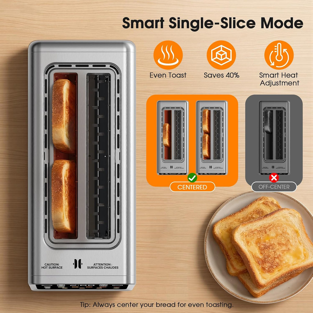 Long Slot Toaster 4 Slice with Touchscreen, 2-Slot Extra Wide 1.5 Inch | Stainless Steel, 1400W, 2-Slot Smart Appliance, Single Mode, BreadID Tech, Digital Timer, For Bagel Waffle