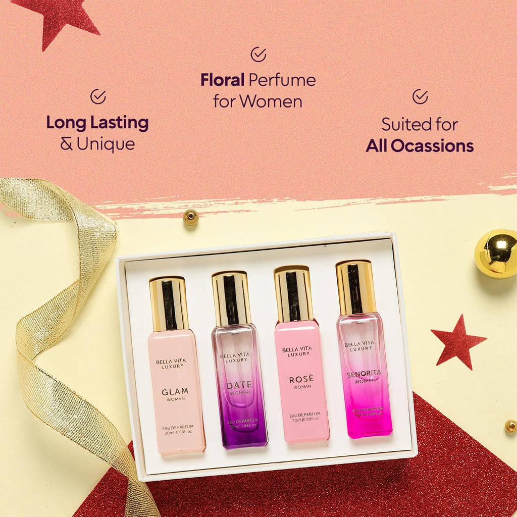Bellavita - Set de regalo de perfume de lujo para mujer con rosa, Senorita, fecha, glamour | Set de regalo de perfume para mujer de larga duración con Eau de Parfum Rose, Senorita, Date & Glam para cada ocasión.