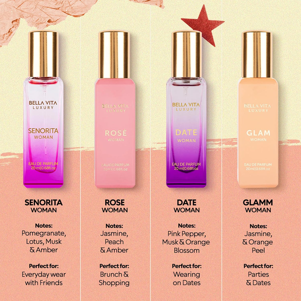 Bellavita - Set de regalo de perfume de lujo para mujer con rosa, Senorita, fecha, glamour | Set de regalo de perfume para mujer de larga duración con Eau de Parfum Rose, Senorita, Date & Glam para cada ocasión.