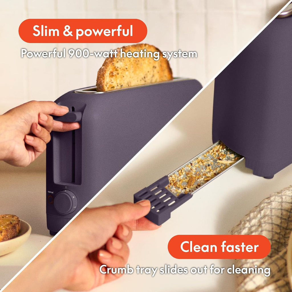 bella Tostadora delgada de 2 rebanadas, utensilios de cocina Fits-anywhere™, control de tostado de 6 ajustes con botones de recalentamiento y cancelación, se adapta a pan de masa madre, ranura de 10