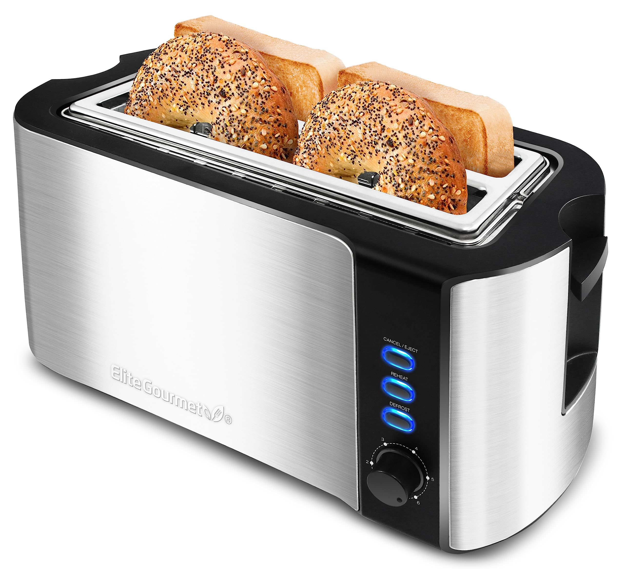 Elite Gourmet ECT1027B - Tostadora Cool Touch con 6 ajustes de temperatura y ranuras extra anchas de 1.25 pulgadas para bagels, gofres, panes especiales, hojaldre, aperitivos, certificado ETL, 2 | 6 niveles de dorado, se adapta a bagels y pan grueso, func