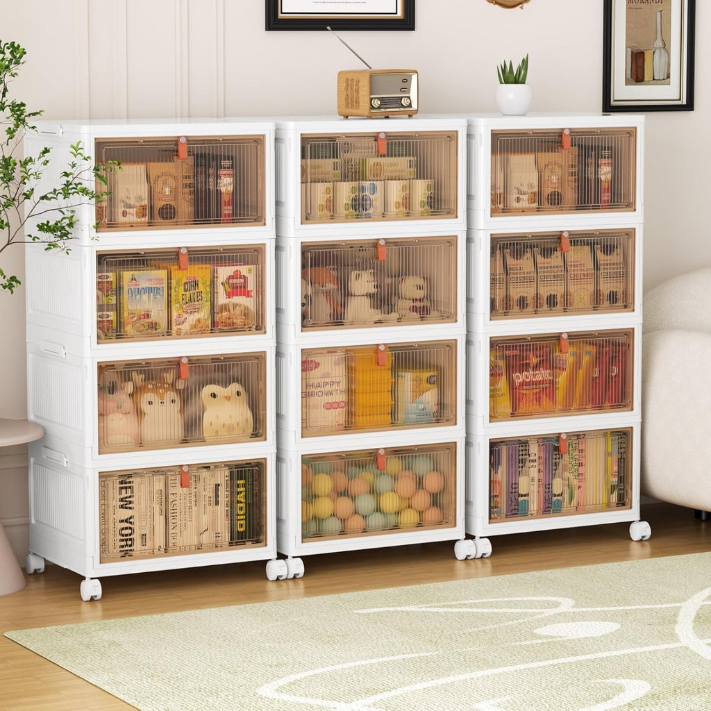 YFXCVSL Cajas de Almacenamiento de Plástico de 4 Niveles con Tapa 23QT, Contenedores de Almacenamiento Apilables con Ruedas, Cajas de Almacenamiento Plegables, Cajas de Almacenamiento Colapsables | Plastic Storage Bins with Wheels, Folding Storage Boxes,