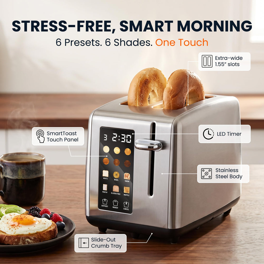Elite Gourmet | Extra-Wide Slots Fit Bagels, Sourdough & Texas Toast, 6 Browning Settings, Reheat, Defrost & Cancel, Built-In Warming Rack