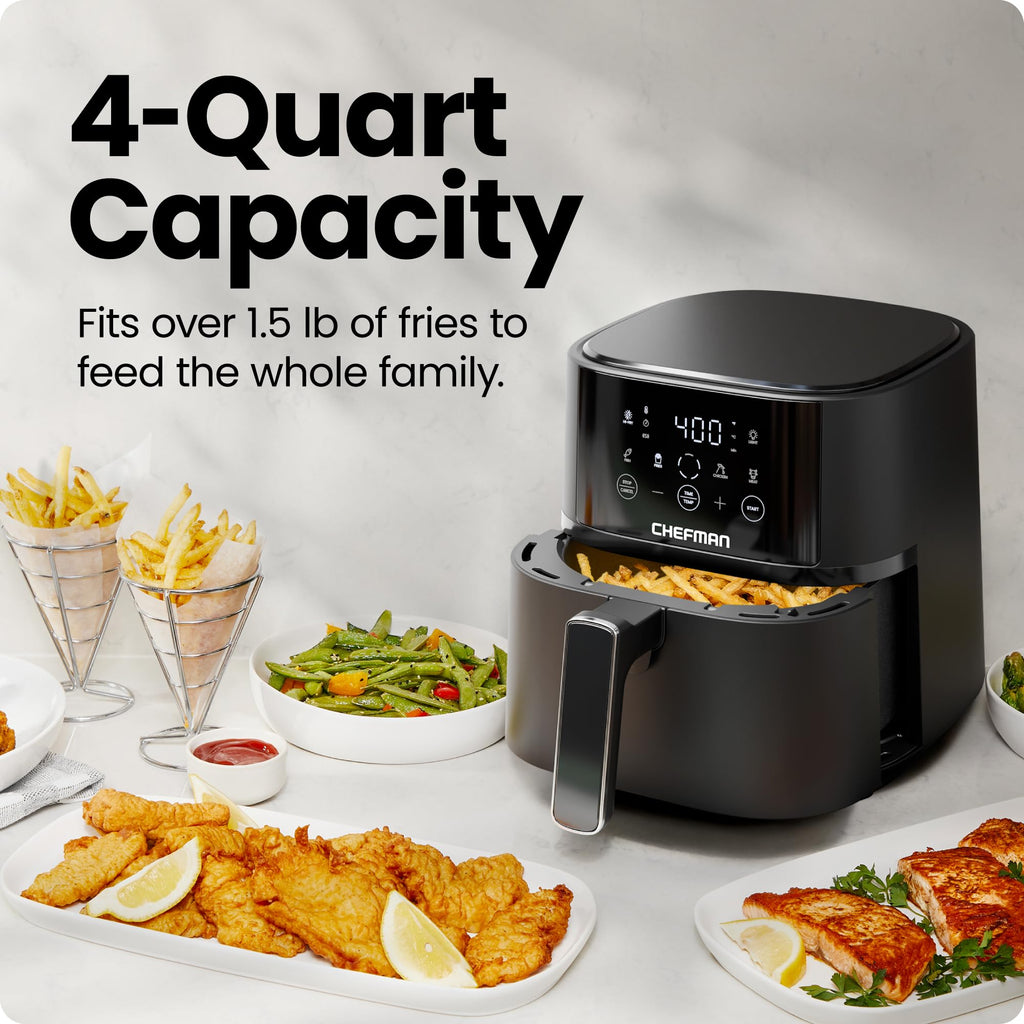 Chefman Air Fryer – 4 QT Compact Airfryer for Quick & Easy Meals, Features Hi-Fry Technology for Extra Crisp, Easy-View Window, Touch Controls with 4 Presets, Nonstick & Dishwasher Safe Basket - Black