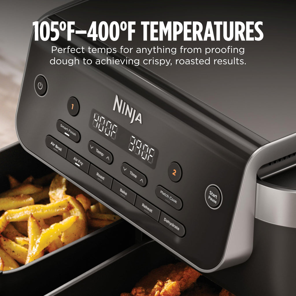 Ninja DZ201 Foodi 8 Quart 6-in-1 DualZone 2-Basket Air Fryer with 2 Independent Frying Baskets, Match Cook & Smart Finish to Roast, Broil, Dehydrate & More for Quick, Easy Meals, Grey | Air fry, roast, broil, bake, reheat, dehydrate, 2 independent baskets