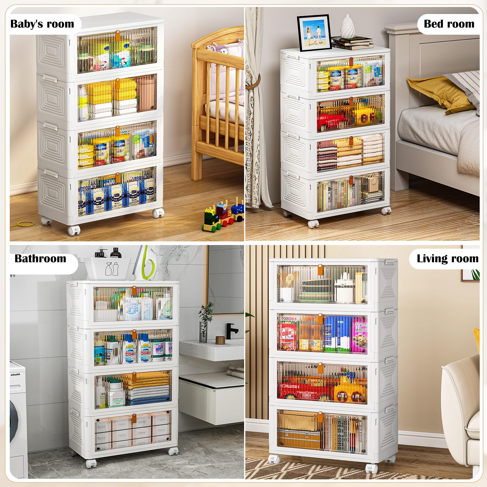 YFXCVSL Cajas de Almacenamiento de Plástico de 4 Niveles con Tapa 23QT, Contenedores de Almacenamiento Apilables con Ruedas, Cajas de Almacenamiento Plegables, Cajas de Almacenamiento Colapsables | Plastic Storage Bins with Wheels, Folding Storage Boxes,