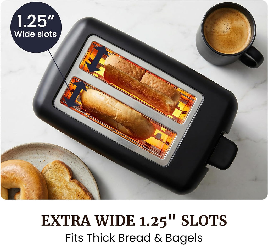 Elite Gourmet ECT1027B - Tostadora Cool Touch con 6 ajustes de temperatura y ranuras extra anchas de 1.25 pulgadas para bagels, gofres, panes especiales, hojaldre, aperitivos, certificado ETL, 2 | 6 niveles de dorado, se adapta a bagels y pan grueso, func