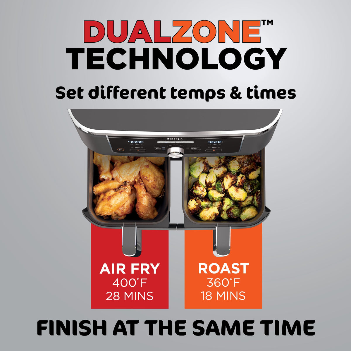 Ninja DZ201 Foodi 8 Quart 6-in-1 DualZone 2-Basket Air Fryer with 2 Independent Frying Baskets, Match Cook & Smart Finish to Roast, Broil, Dehydrate & More for Quick, Easy Meals, Grey | Air fry, roast, broil, bake, reheat, dehydrate, 2 independent baskets