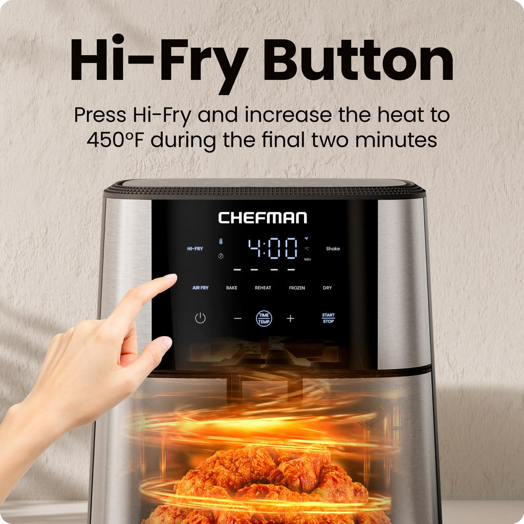 Chefman Air Fryer 8 Qt | TurboFry® 4-in-1 with 450°F Hi-Fry Option for Crispier Results | Bake, Dehydrate, Frozen | XL Nonstick Dishwasher-Safe Basket | Stainless Steel