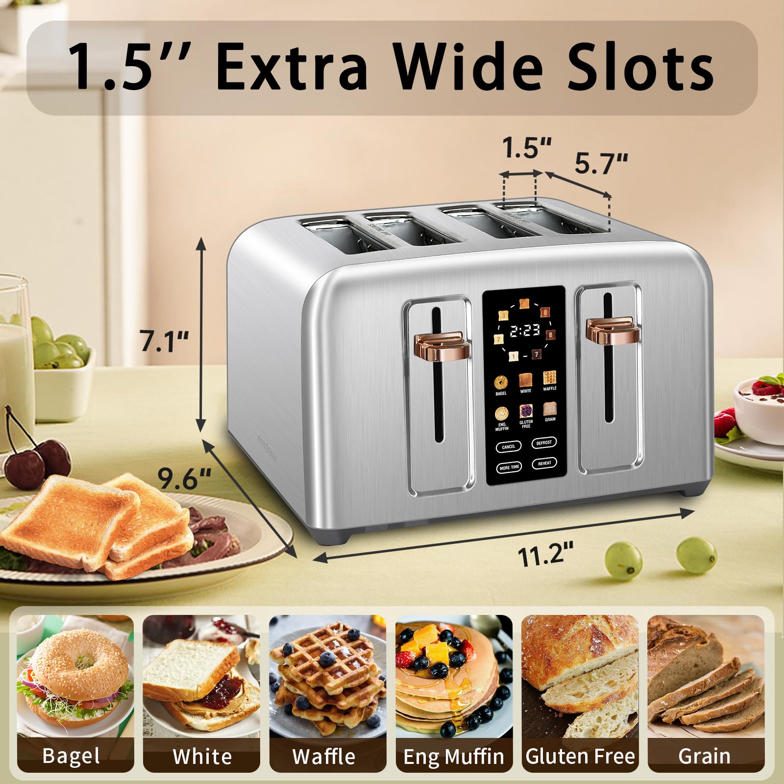 SEEDEEM Tostadora de 4 Rebanadas, Tostadora de Acero Inoxidable y Control Táctil, Pantalla LCD, 6 Tipos de Pan, 7 Configuraciones de Tostado, Ranuras de 1.5'' de Ancho, Cancelar/Descongelar/Recalentar | Toaster 4 Slice, 6 Bread Type, 7 Shade Settings, 1.5
