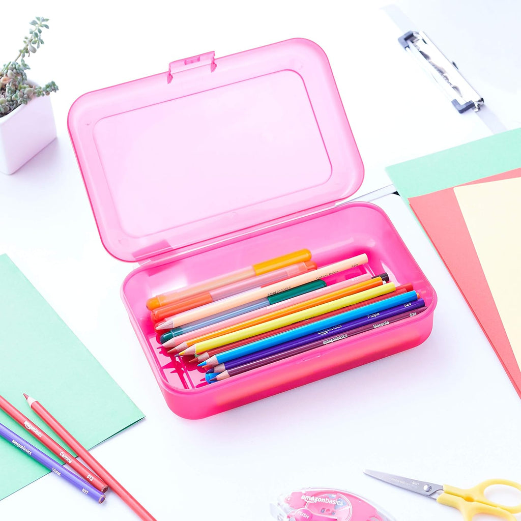 Amazon Basics Paquete de 4 Estuches Grandes para Lápices – Caja de lápices de plástico duradero para útiles escolares – Estuches de organización estudiantil multicolor para suministros de oficina