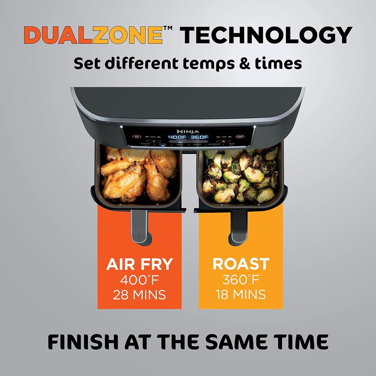 Ninja DZ201 Foodi 8 Quart 6-in-1 DualZone 2-Basket Air Fryer with 2 Independent Frying Baskets, Match Cook & Smart Finish to Roast, Broil, Dehydrate & More for Quick, Easy Meals, Grey | Air fry, roast, broil, bake, reheat, dehydrate, 2 independent baskets