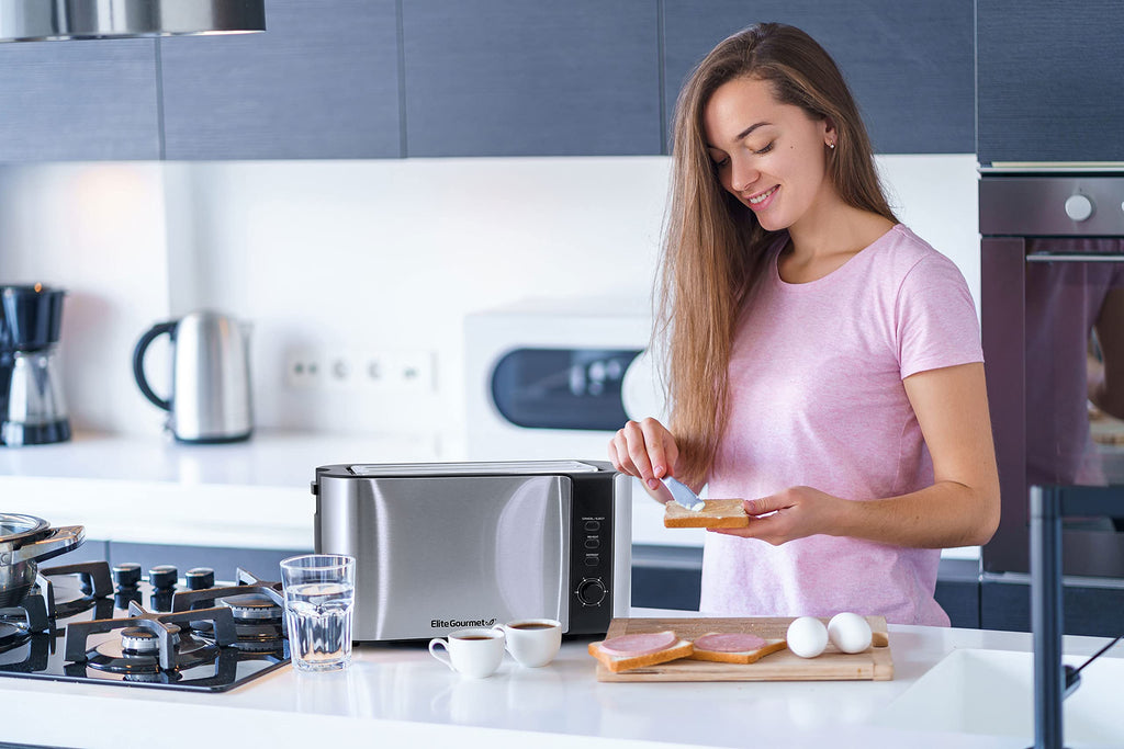Elite Gourmet ECT1027B - Tostadora Cool Touch con 6 ajustes de temperatura y ranuras extra anchas de 1.25 pulgadas para bagels, gofres, panes especiales, hojaldre, aperitivos, certificado ETL, 2 | 6 niveles de dorado, se adapta a bagels y pan grueso, func