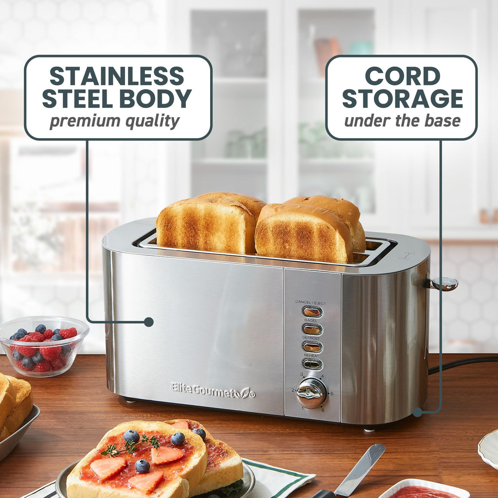 Elite Gourmet | Extra-Wide Slots Fit Bagels, Sourdough & Texas Toast, 6 Browning Settings, Reheat, Defrost & Cancel, Built-In Warming Rack
