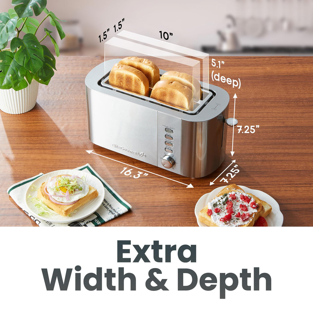 Elite Gourmet | Extra-Wide Slots Fit Bagels, Sourdough & Texas Toast, 6 Browning Settings, Reheat, Defrost & Cancel, Built-In Warming Rack